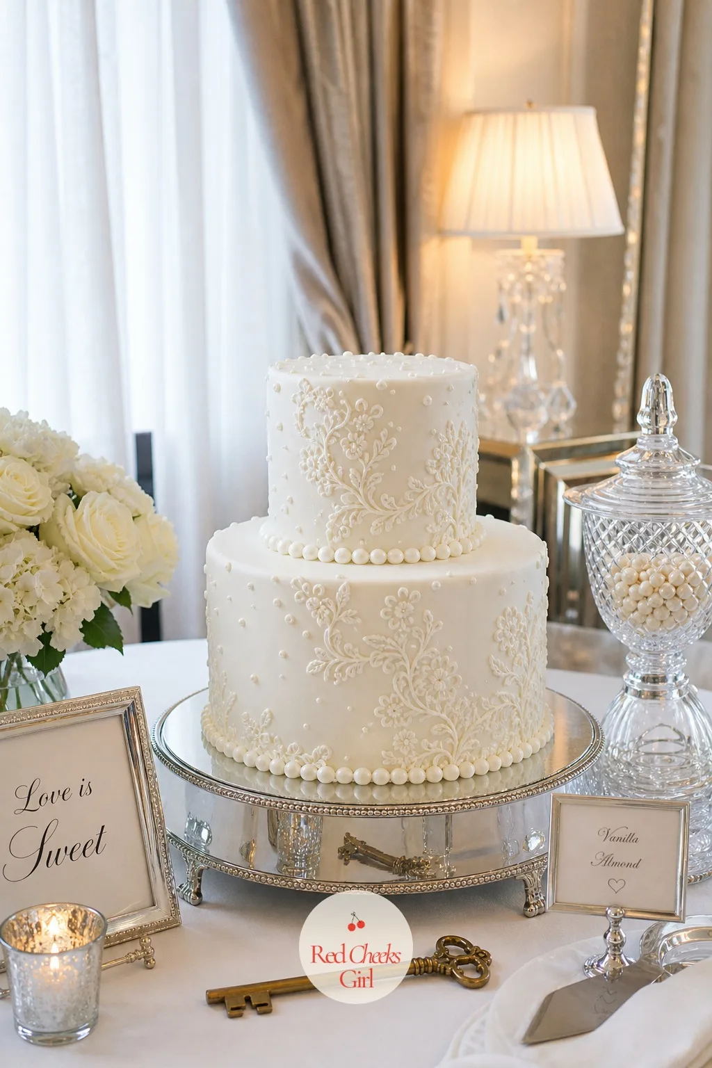 The Tiered White Wedding Cake — The cake earns a place at the center of the dessert table, not off to one side with the rest. White bridal shower theme