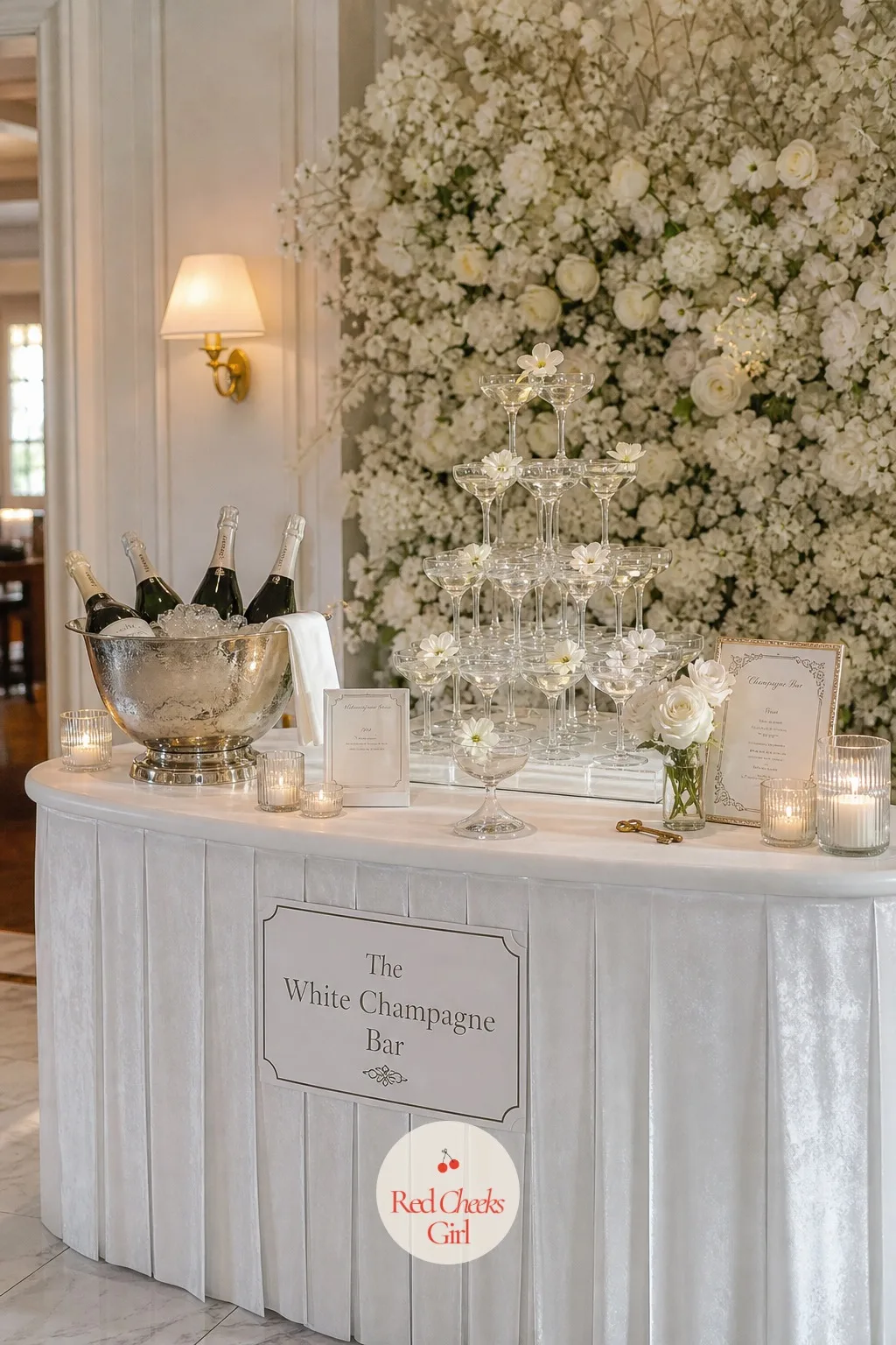 The White Champagne Bar — Nobody wants a sad fold-out table with plastic flutes doing the pouring. White bridal shower theme