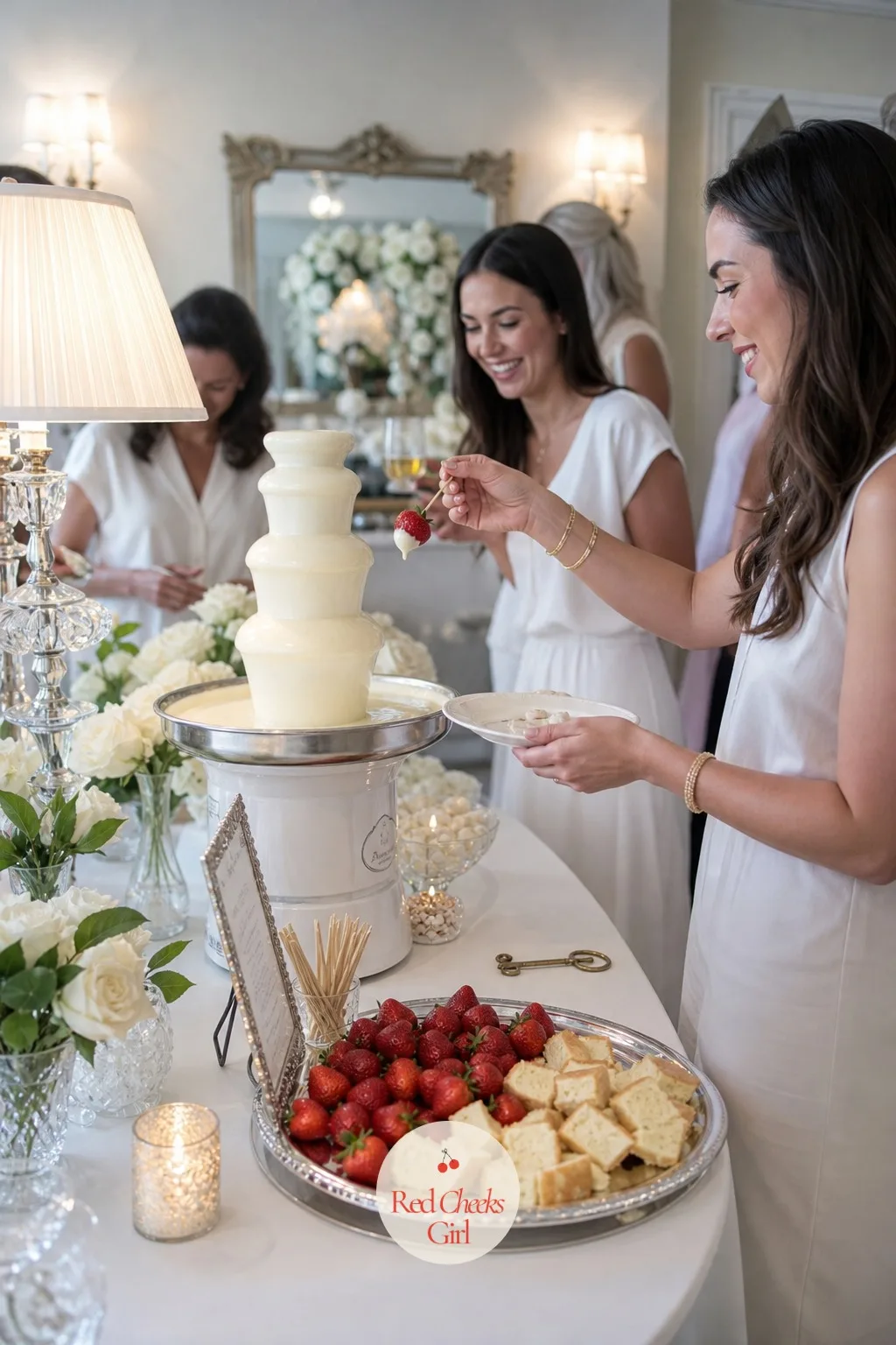 A White Chocolate Fountain Station — A white chocolate fountain and an assortment of macarons, meringues, and white frosted cupcakes add a sweet touch to a