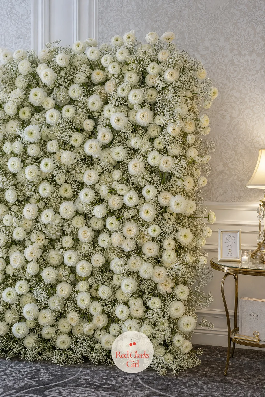 The White Floral Backdrop Wall — A plain photo corner will not hold a room full of people dressed for something that feels close to a wedding. White bridal
