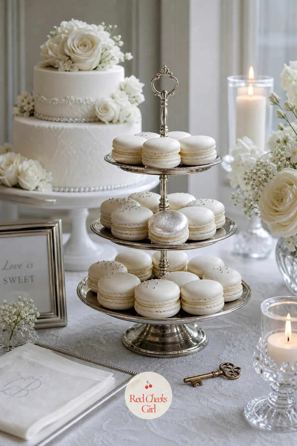 The White Macaron Tower — Some guests want three bites rather than a full slice of cake, and this is where they go. White bridal shower theme