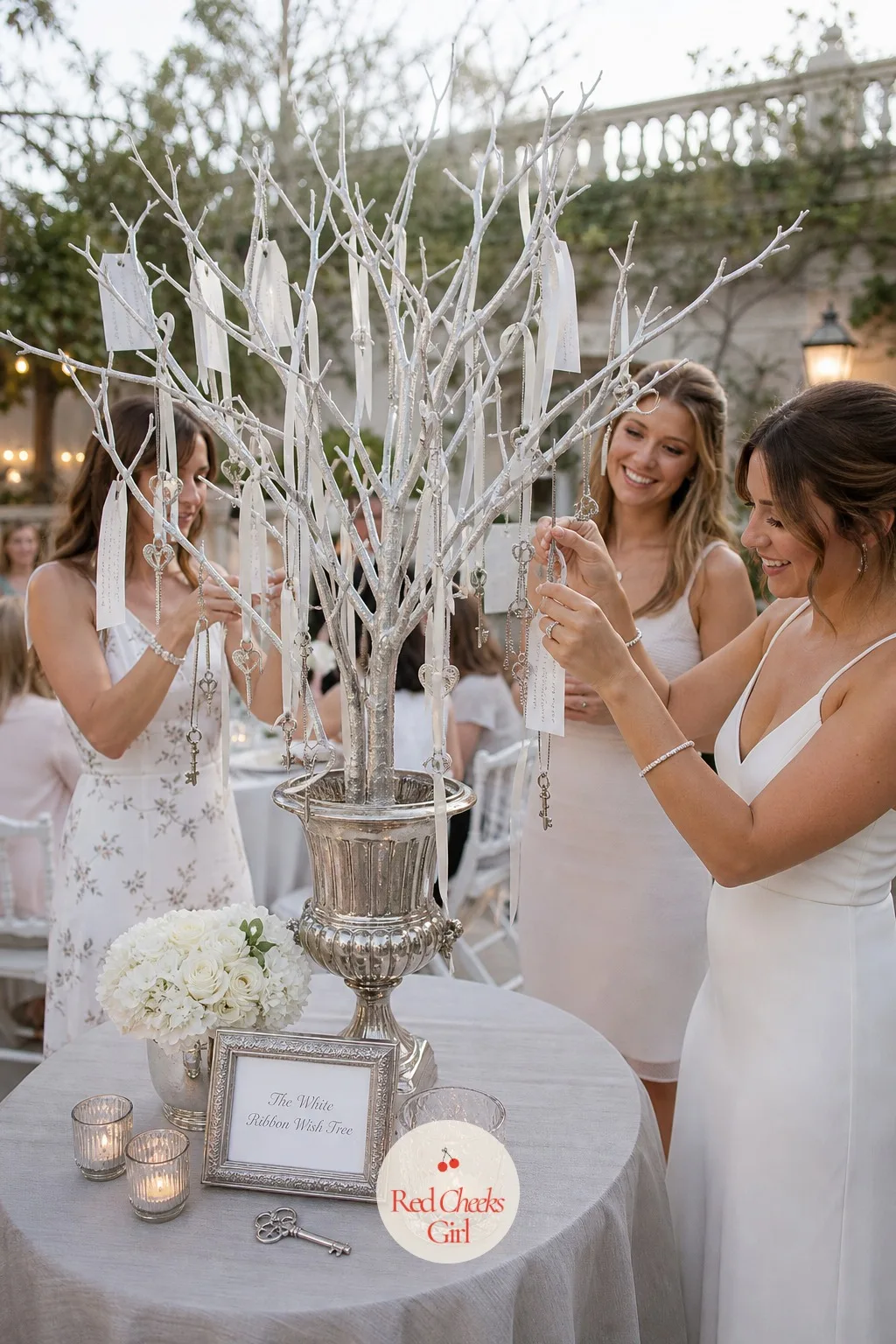 The White Ribbon Wish Tree — A quieter moment belongs somewhere in the afternoon, between the champagne bar and the cake. White bridal shower theme