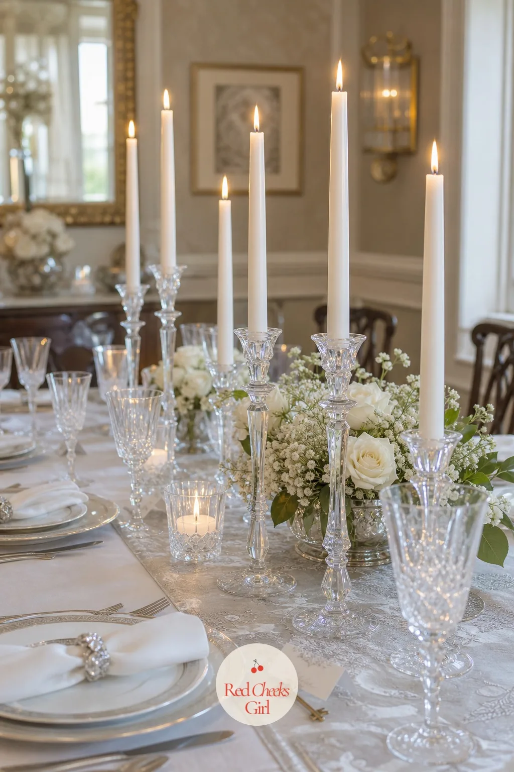 White Taper Candles in Crystal Candlesticks — Once the light starts to drop, the table needs its own glow rather than relying on the room's ceiling fixtures.
