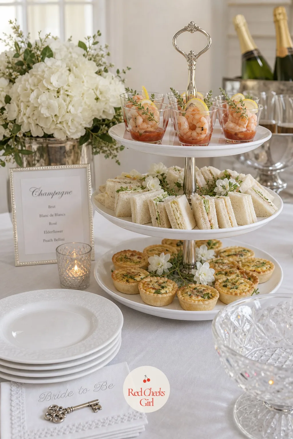 White Tea Sandwiches and Finger Food — A menu that includes elegant finger foods such as cucumber sandwiches, mini quiches, and shrimp cocktails gives guests