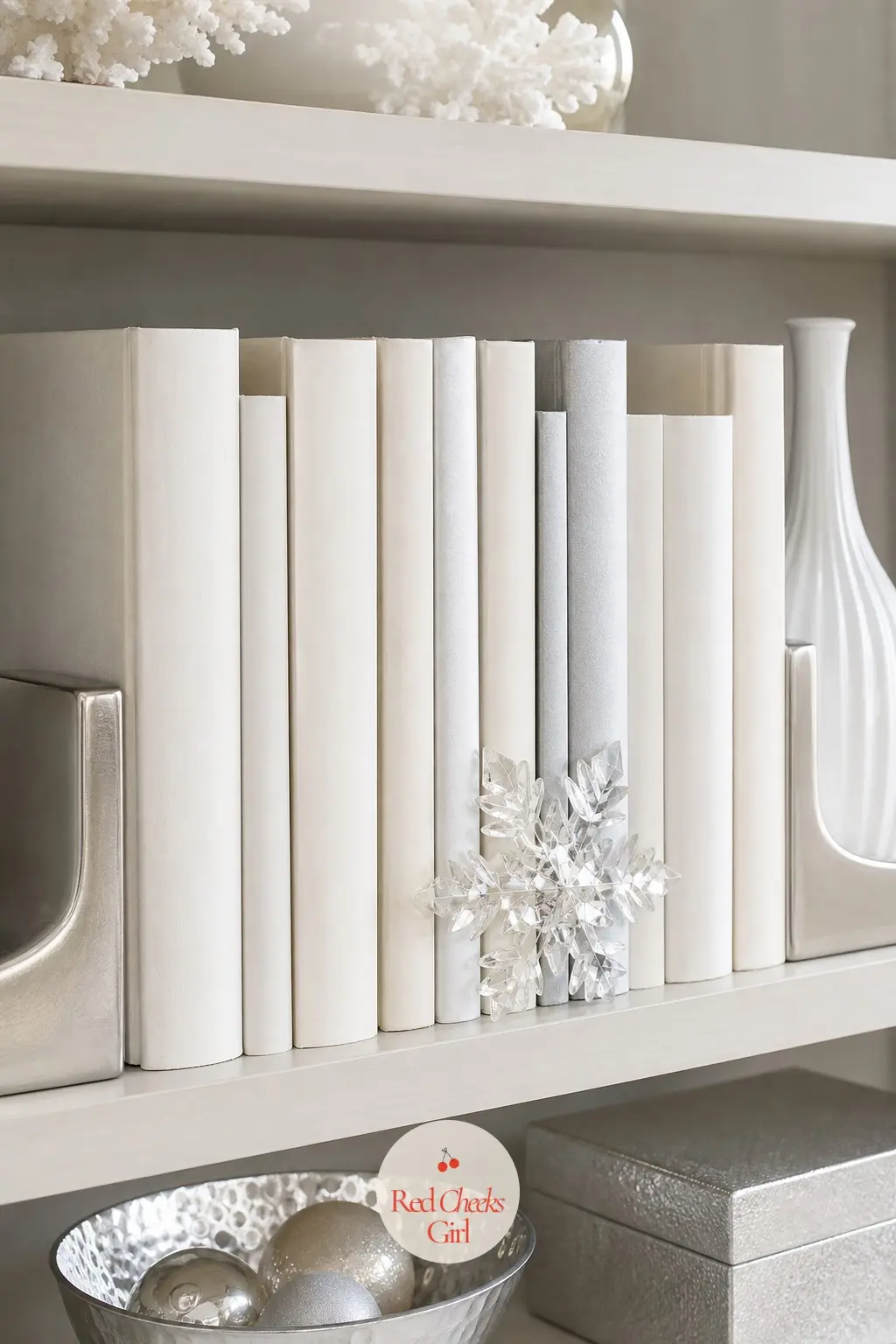 The Bookshelf, Lined in White Spines and Silver — A pair of silver bookends hold a short run of pale spined books upright, a small glass snowflake ornament