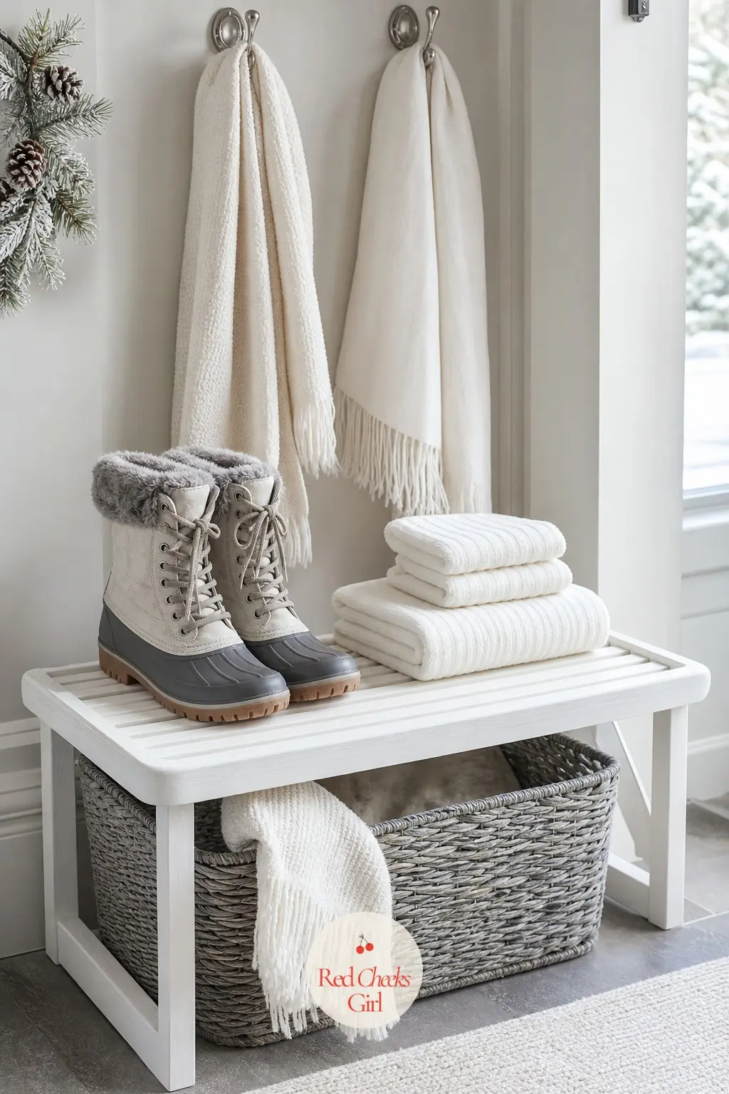 The Boot Tray, Set for Wet Weather — A slatted tray by the door keeps wet boots off the rug, a stack of white hand towels folded beside it for anyone who