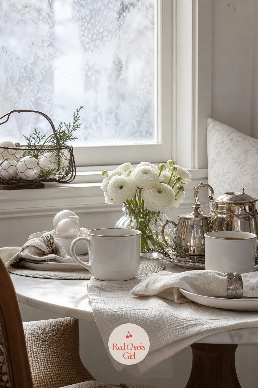 The Breakfast Nook, Set for a Snowy Morning — A small table by the kitchen window gets set for the quiet half hour before the house wakes up properly: white