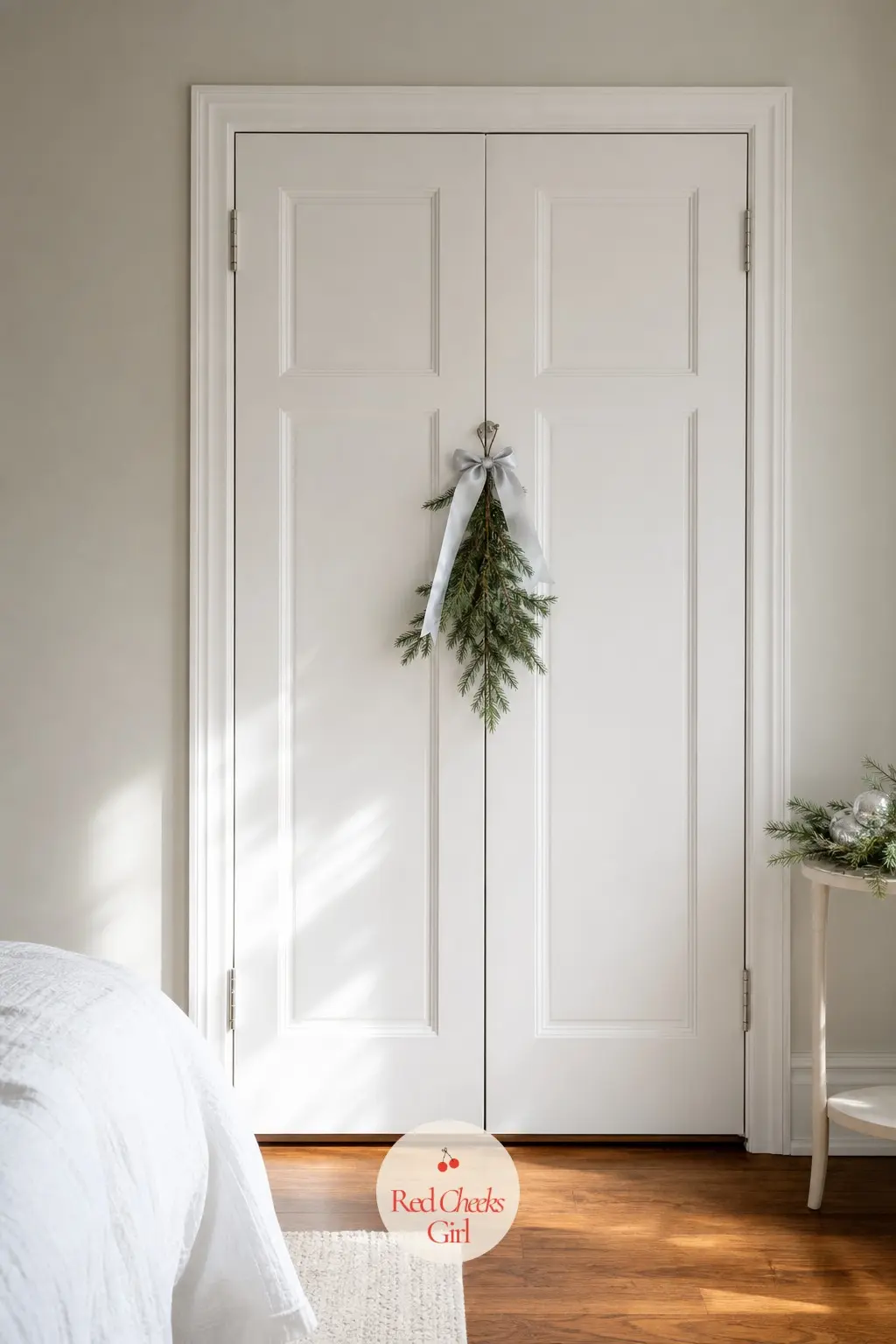 The Closet Door, Hung With a Ribboned Sprig — A small fresh sprig hangs on a silver hook at eye level on the closet door, tied with one length of silver ribbon