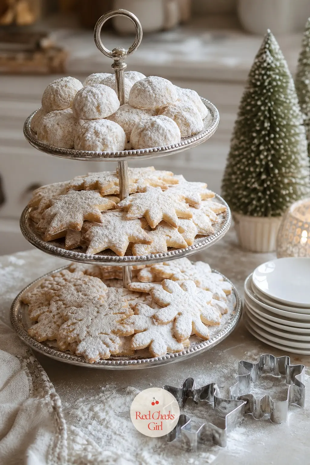 The Cookie Stand, Dusted Like Fresh Snow — A tiered cookie stand holds rounds dusted white, a silver cookie cutter set left out on the counter beside it for