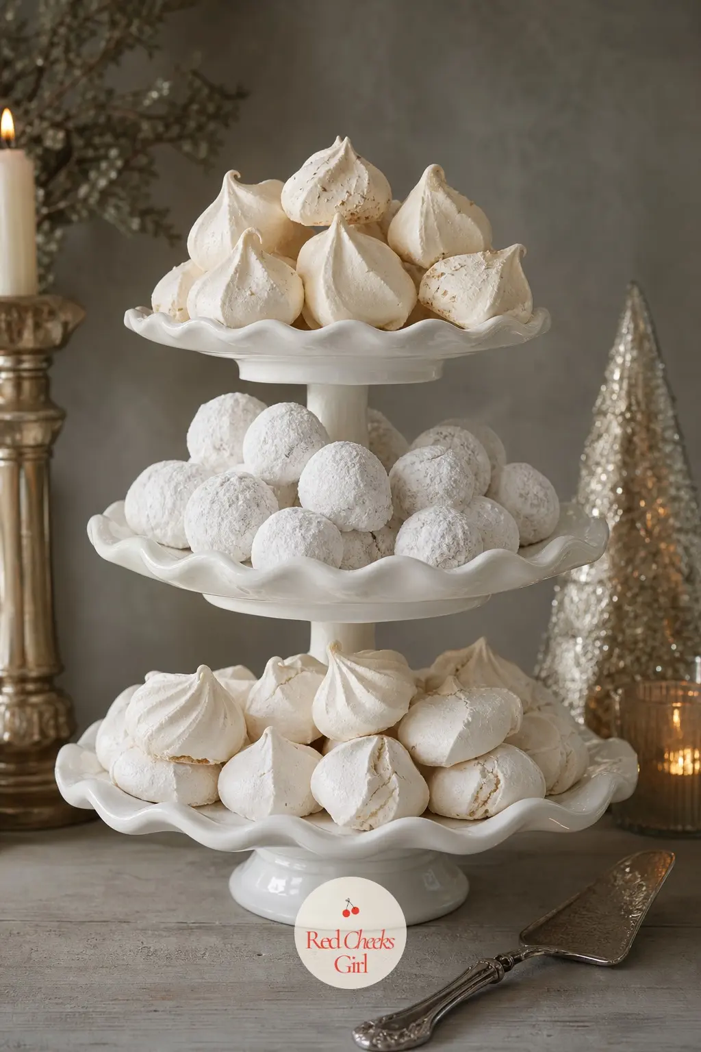 The Dessert Stand, Piled With Meringue and Snowballs — A three tier white dessert stand holds pale meringues and sugar dusted truffles, the closest thing on