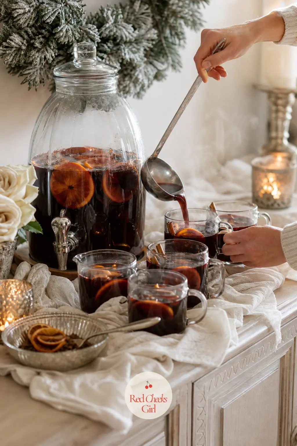 The Drinks Station, Poured in Mulled Wine and Cream — A glass beverage dispenser holds mulled wine at one end of the sideboard, six glass mugs lined up beside