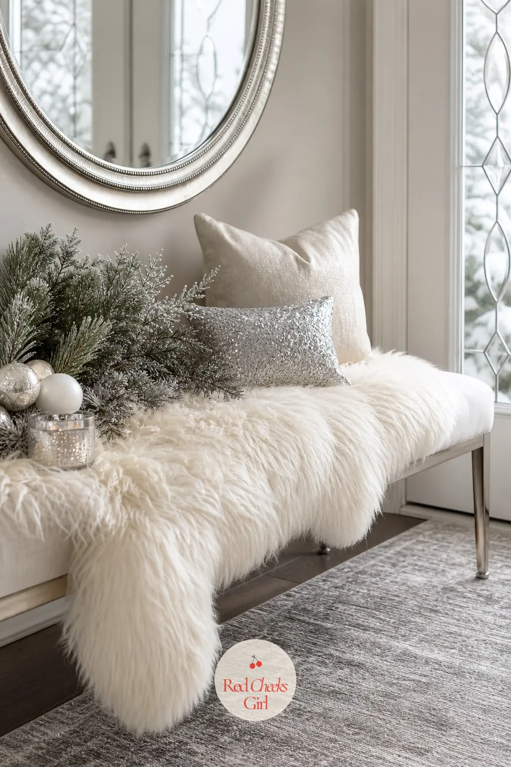 The Entry Bench, Lined in Sheepskin — A narrow bench just inside the door gets a sheepskin throw across the seat, practical enough for pulling off wet boots