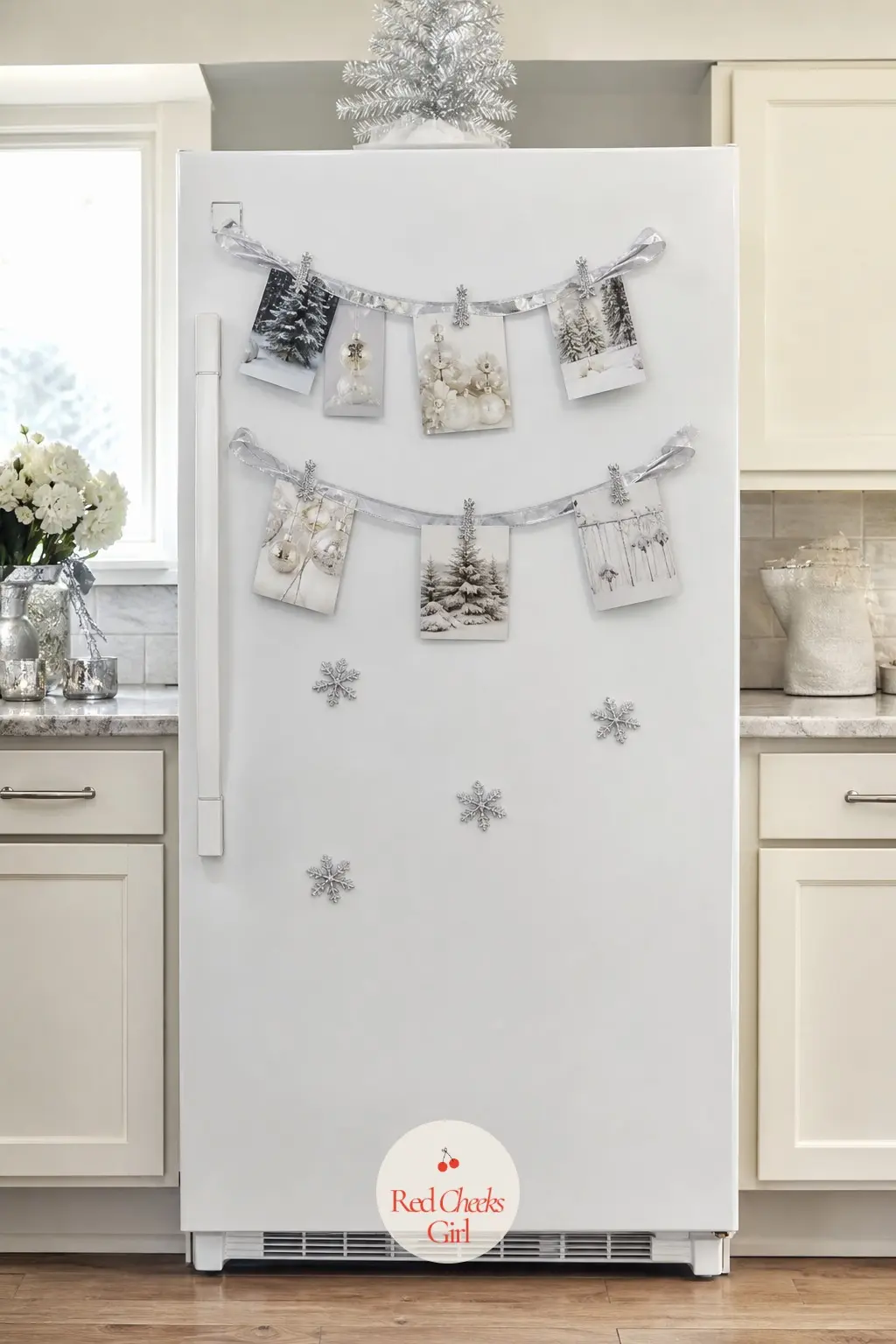 The Fridge Door, Dressed With Ribbon and Cards — Rather than hide the fridge, this corner dresses it: a ribbon garland clip running across the door to hold the