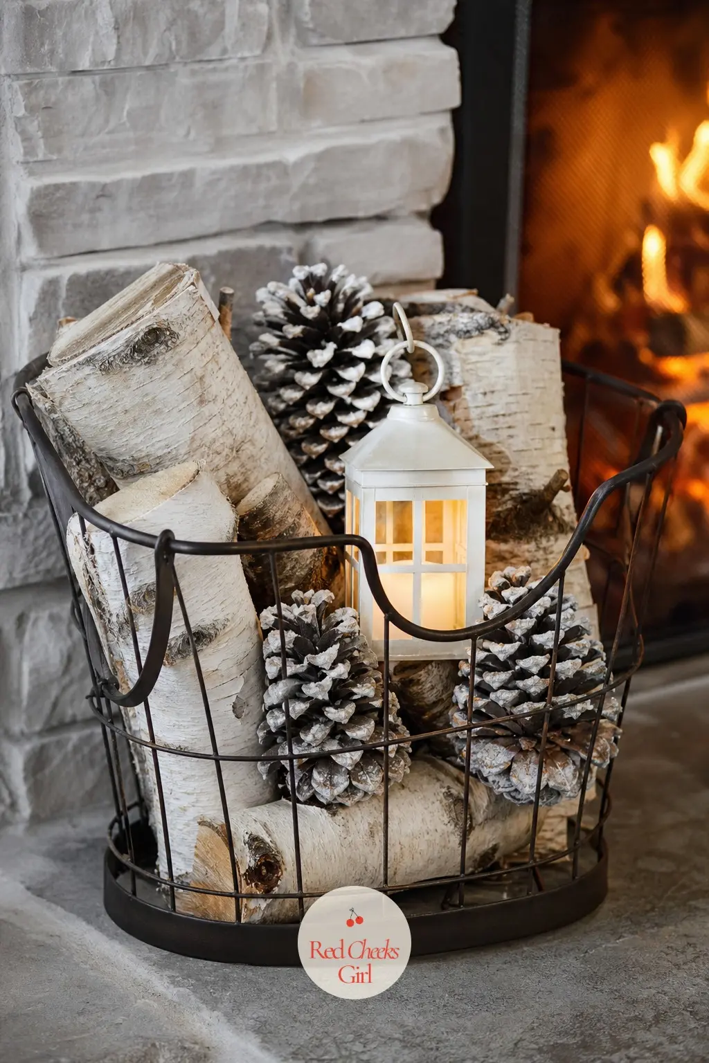 The Hearth Basket, Stacked With Birch and Pinecones — Beside the fire, a wire basket holds pale birch logs and a handful of frosted pinecones instead of the