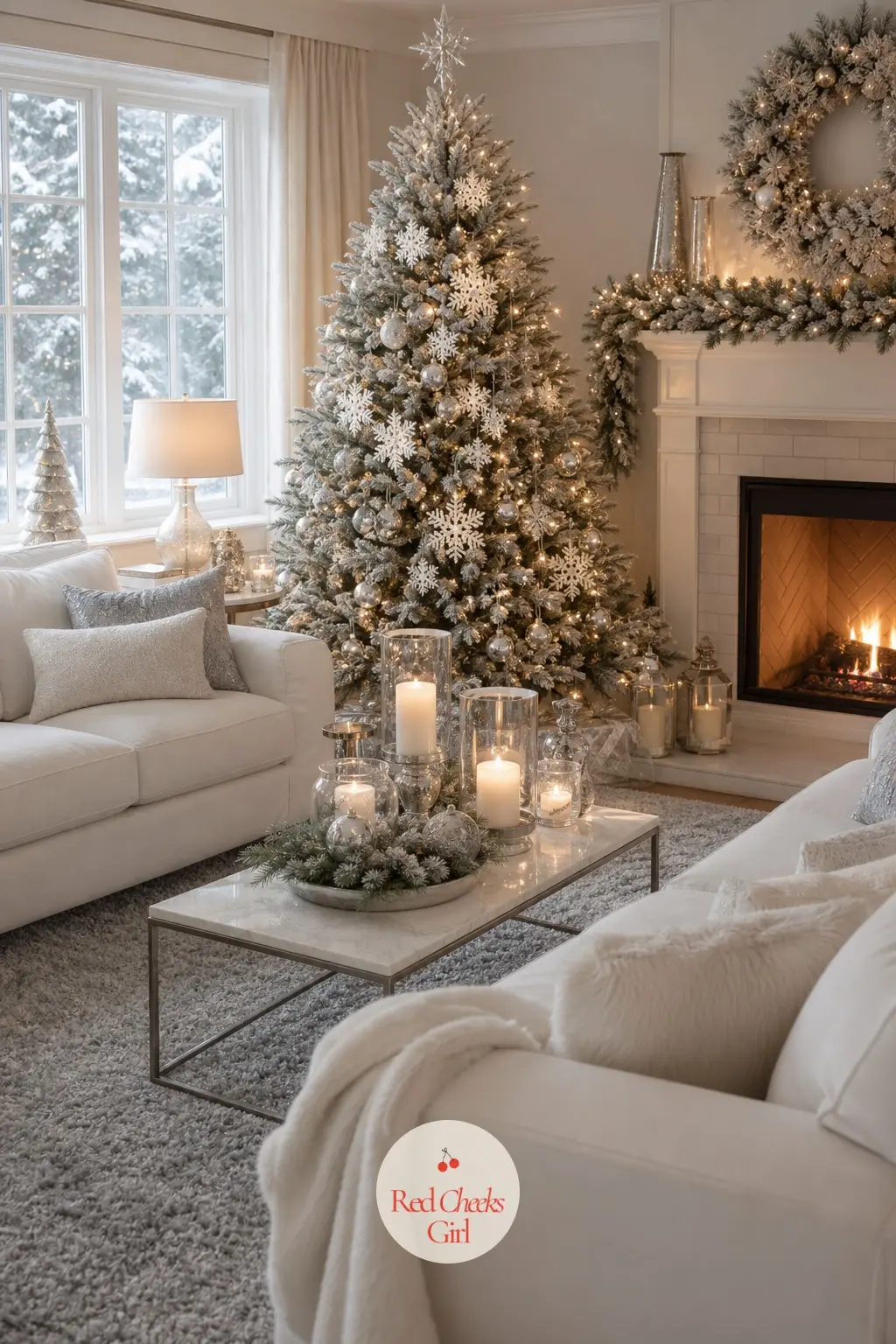 The Living Room, Dressed in Falling Snow — The tree stands dead centre of the wide shot, its branches frosted rather than green, hung with glass snowflakes