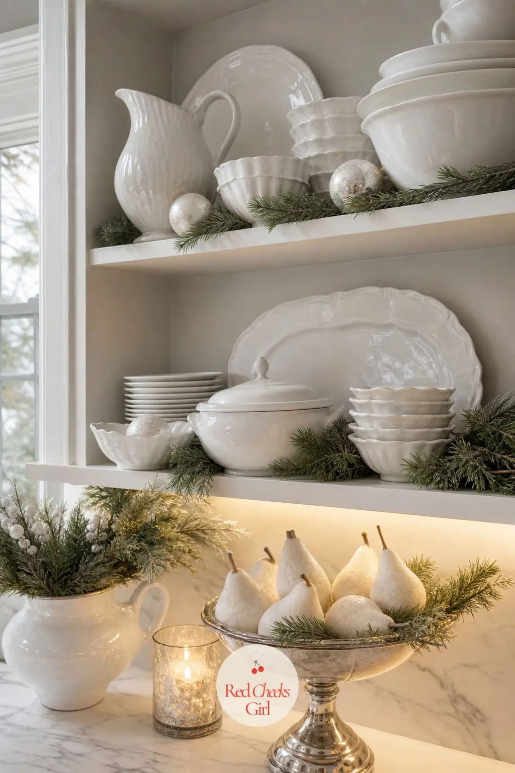 The Open Shelves, Stacked in White Ironstone — Open kitchen shelves carry the palette better than any wall decor could: stacked ironstone platters, a row of