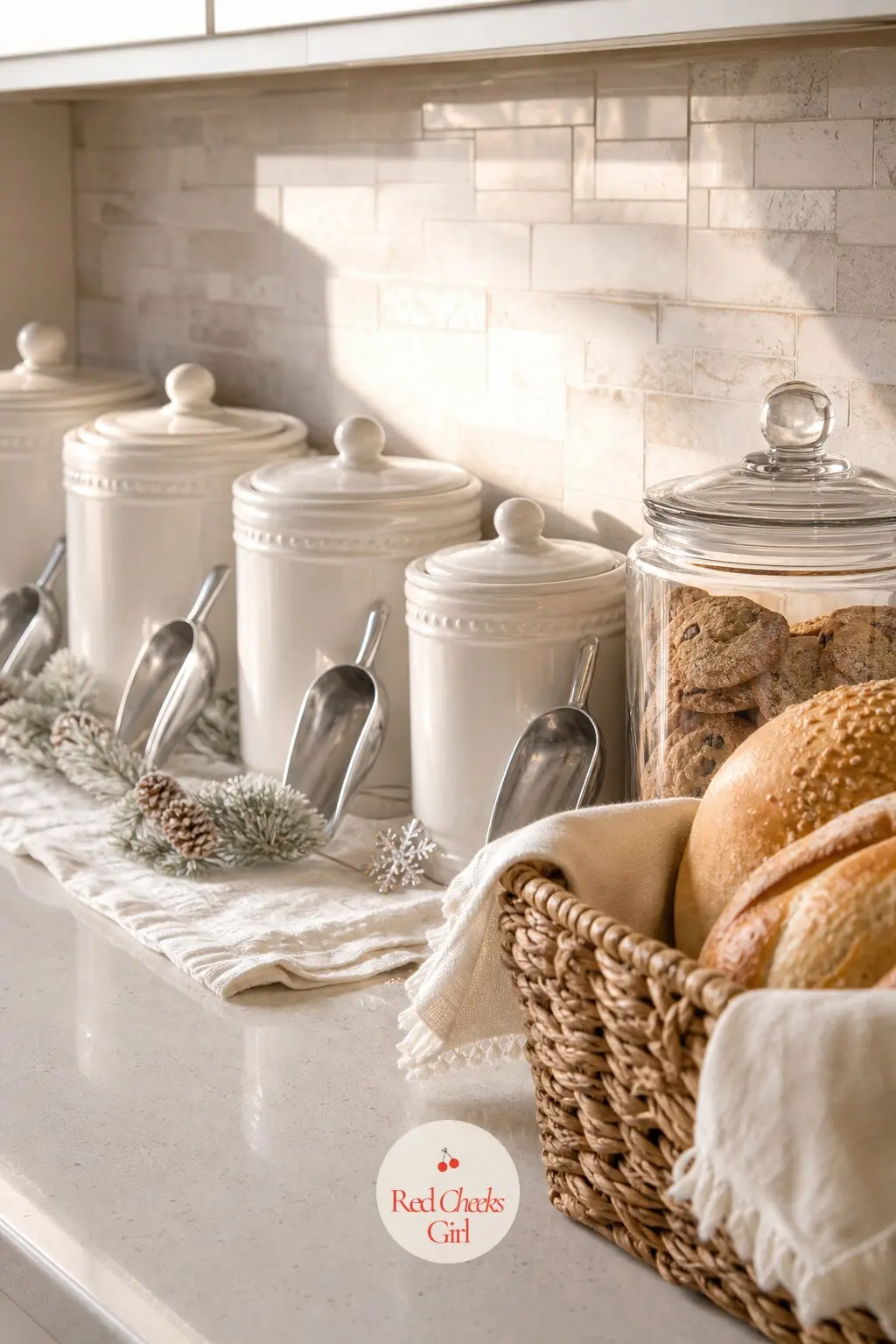The Pantry Counter, Lined in Matching Canisters — A run of matching white canisters along the pantry counter keeps flour, sugar and cocoa out of their original