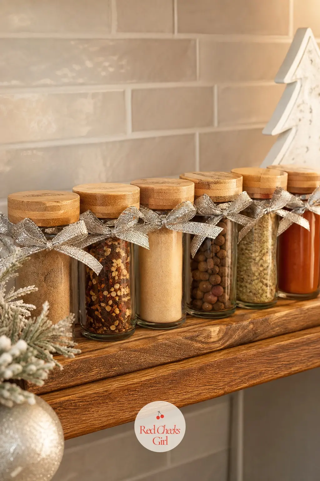 The Spice Shelf, Tied in Ribbon — A narrow shelf holds matching spice jars in a tidy row, each one labelled by hand and tied at the neck with a short length of