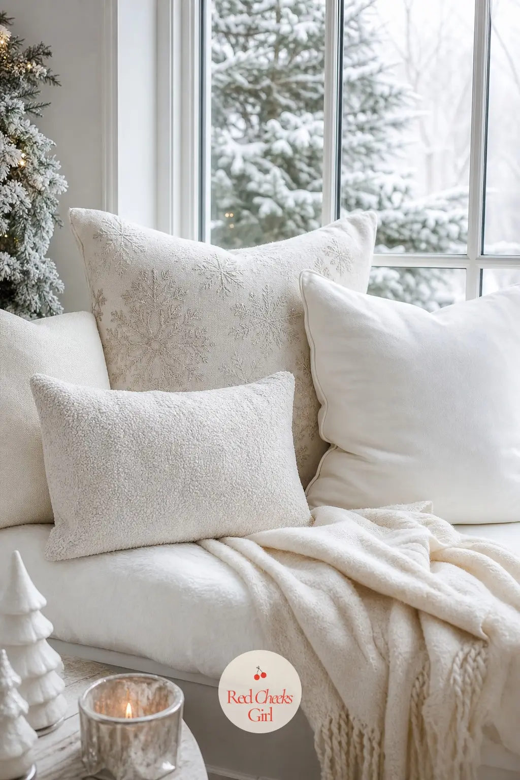 The Window Seat, Banked in White Cushions — A built in bench along the window gets banked in white cushions three deep, a lap blanket folded at one end for