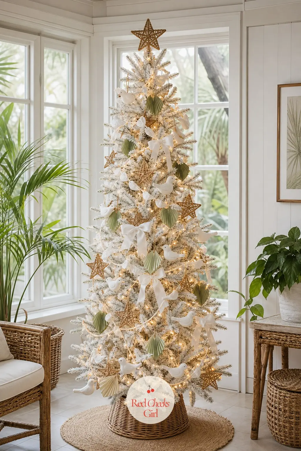 An Airy Sunroom Tree in Botanical Green and Rattan — An artificial tree left deliberately sparse, standing among the sunroom's own plants so it reads as one