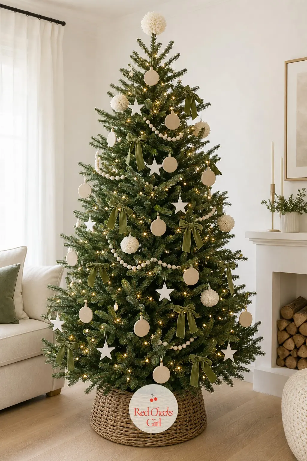A Bright Minimal Tree in Sand and Moss Green — A real tree standing in a bright living room with pale oak floors and a pale low sofa, nothing heavy anywhere