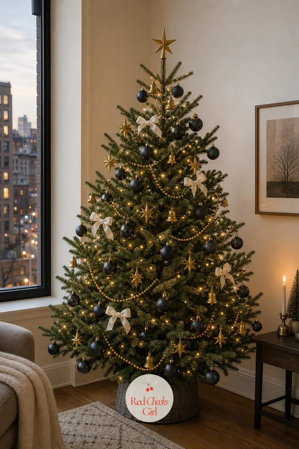 A City Flat Tree in Charcoal and Brass — A real fir standing against a window with the city visible beyond it, charcoal glass against warm brass stars, a