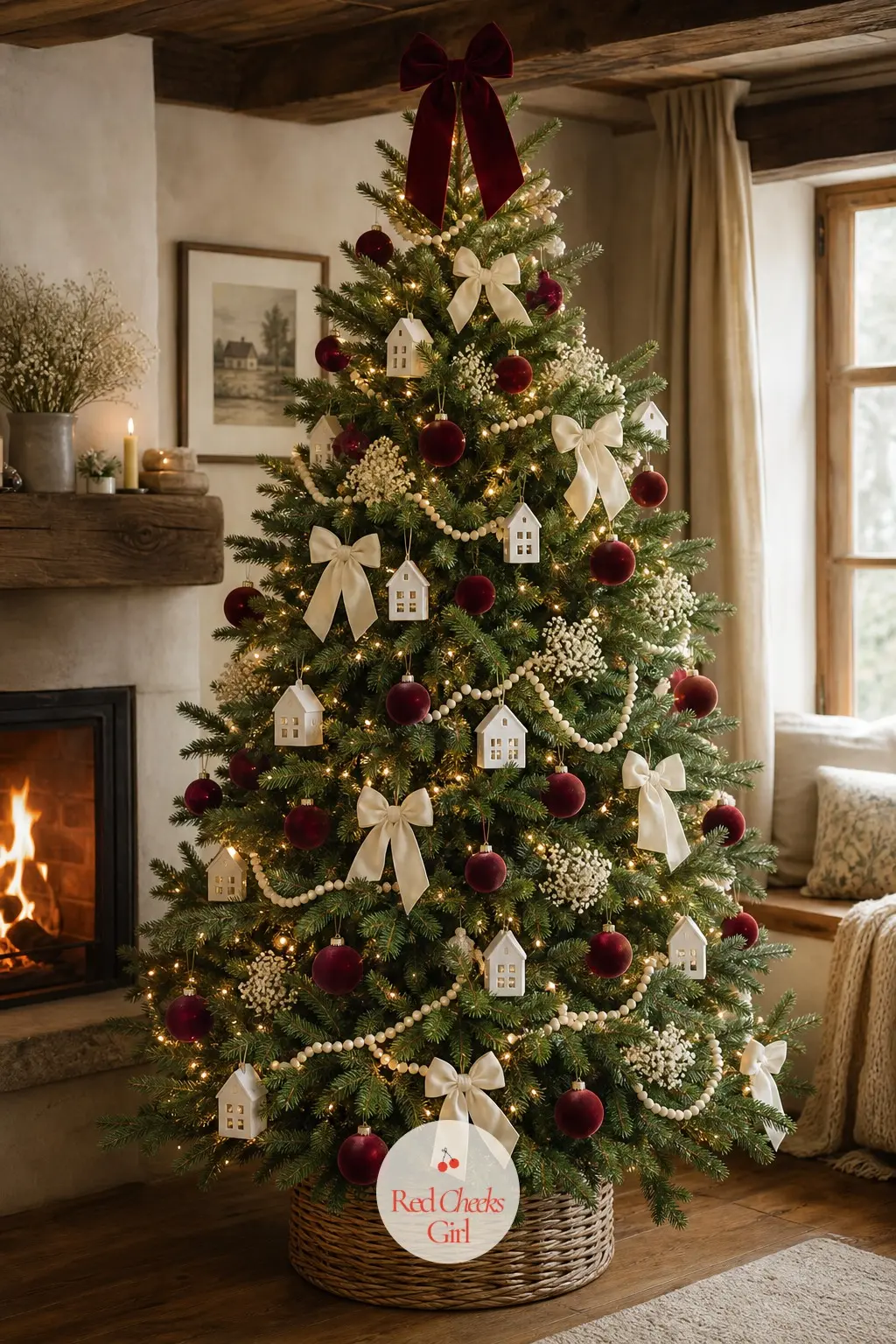 A Cottage Tree in Cranberry and Cream — A real tree standing beneath low beams, cranberry velvet and tiny ceramic houses giving it a storybook cottage feel the