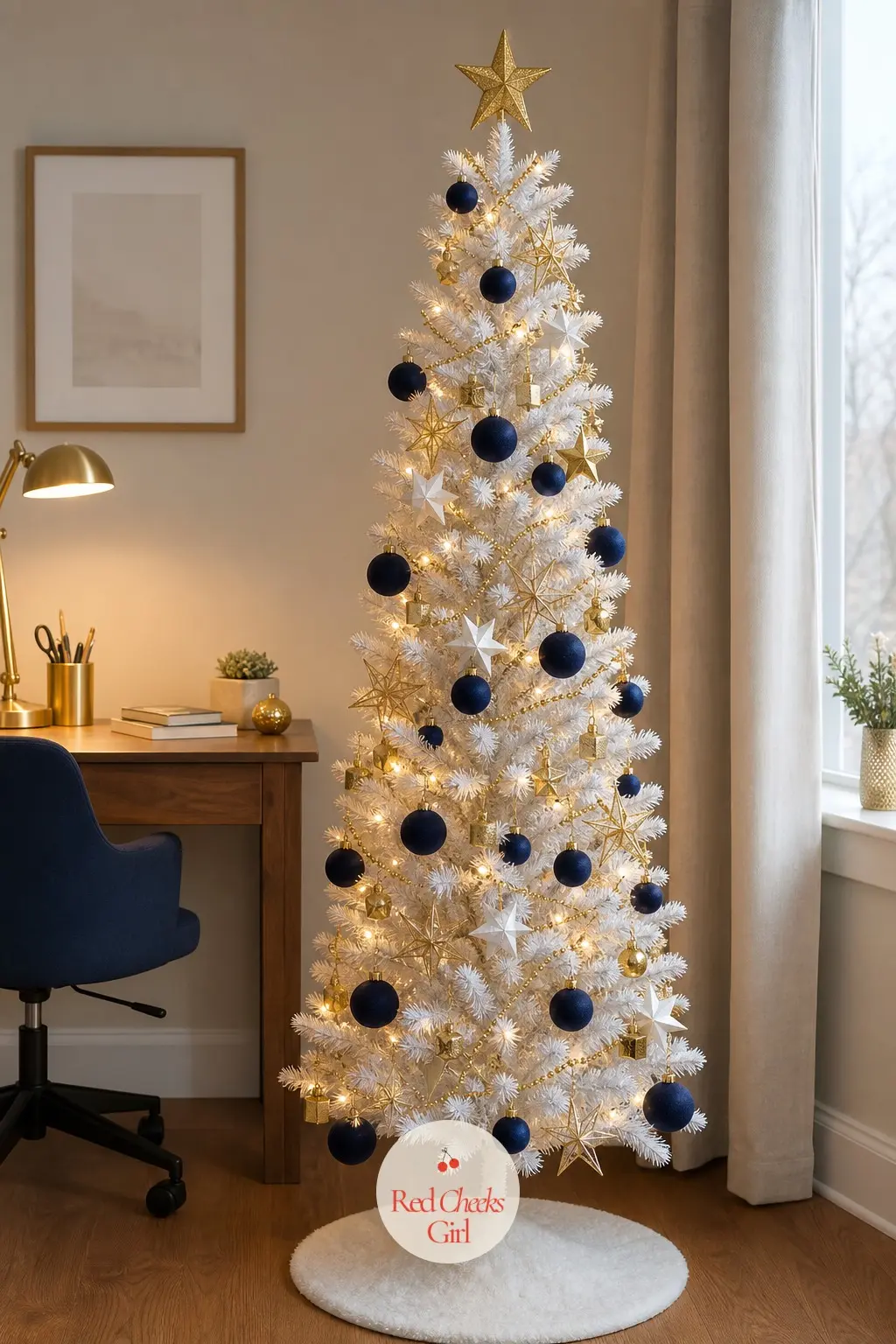 A Desk-Side Tree in Navy and Gold — A slim artificial tree standing behind a home office desk, gold wire stars and mini clip ornaments nodding to stationery