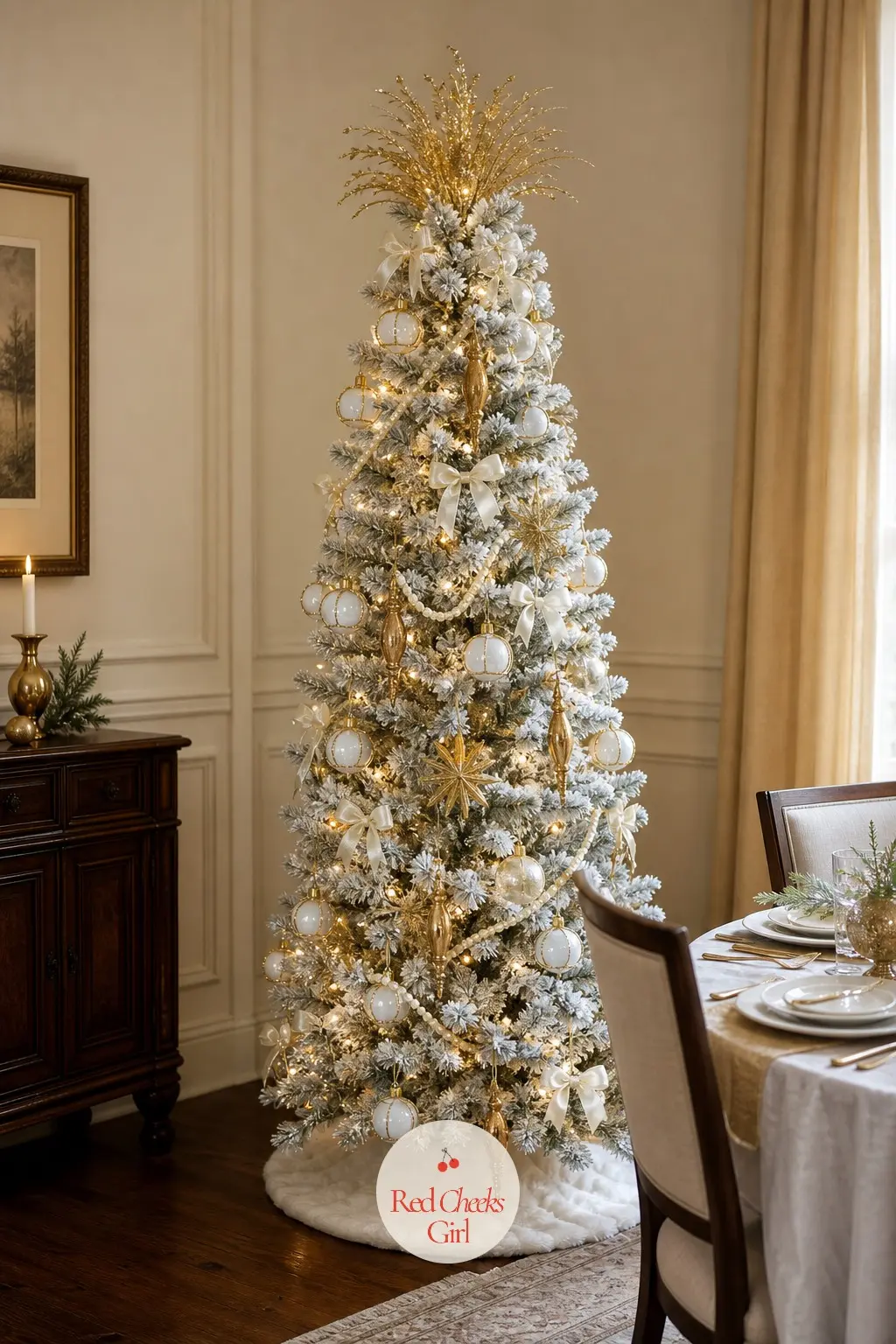 A Dinner-Party Tree in Gold and Ivory — This one stands beside a dining table already laid for guests, dense and formal, every branch carrying a gold-rimmed