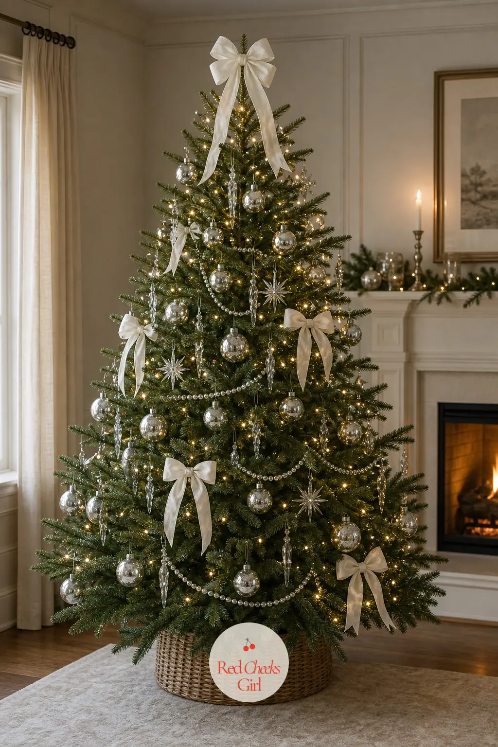A Fireside Tree in Silver and Crystal — A real full fir dressed entirely in mercury glass and crystal, standing against panelled walls with the fireplace doing