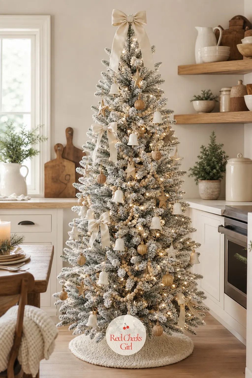 A Flocked Farmhouse Tree in Cream and Honey Wood — Set against open shelves stacked with everyday stoneware, this tree swaps gold for wood: honey-toned stars