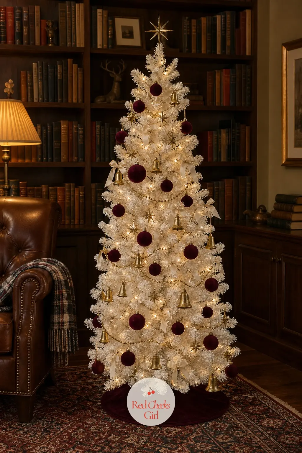 A Library Tree in Burgundy and Brass — A slim tree standing in a study lined with books, burgundy velvet and brass bells reading more like a club chair than a