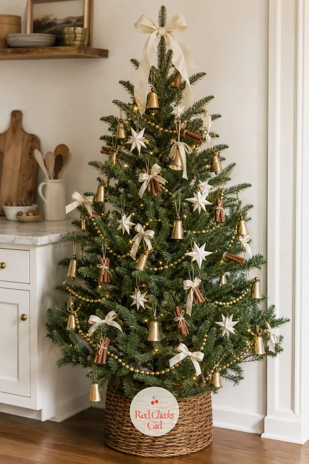 A Mini Potted Counter Tree in Brass and Nutmeg — A tiny potted living tree on a kitchen counter, brass bells and cinnamon bundles instead of anything glass