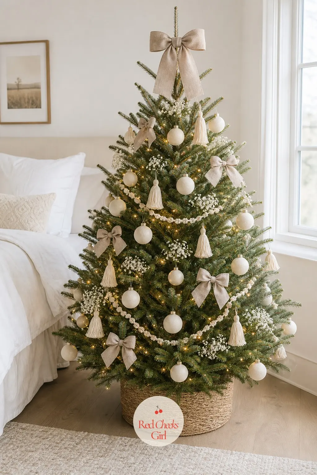 A Morning-Light Tree in Cream and Linen — A real petite tree standing by a bare window, crisp white bedding behind it, cream velvet and dried baby's breath
