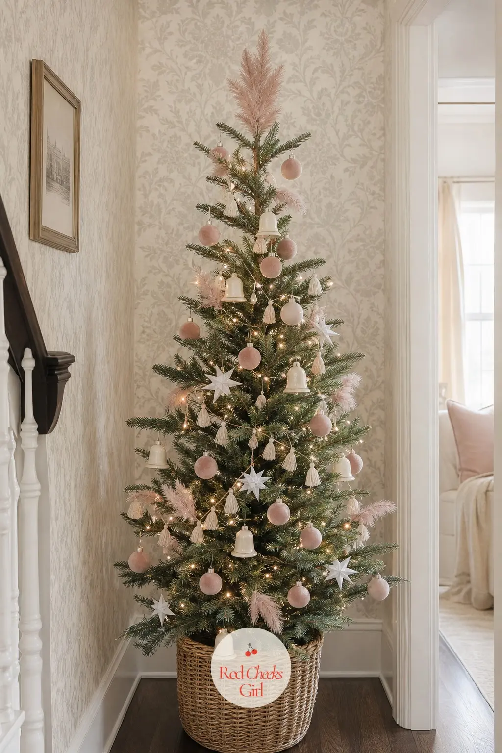 A Papered Hallway Tree in Dusty Pink and Cream — A slim real tree standing against a patterned wallpaper, dusty pink velvet and feather picks softening the