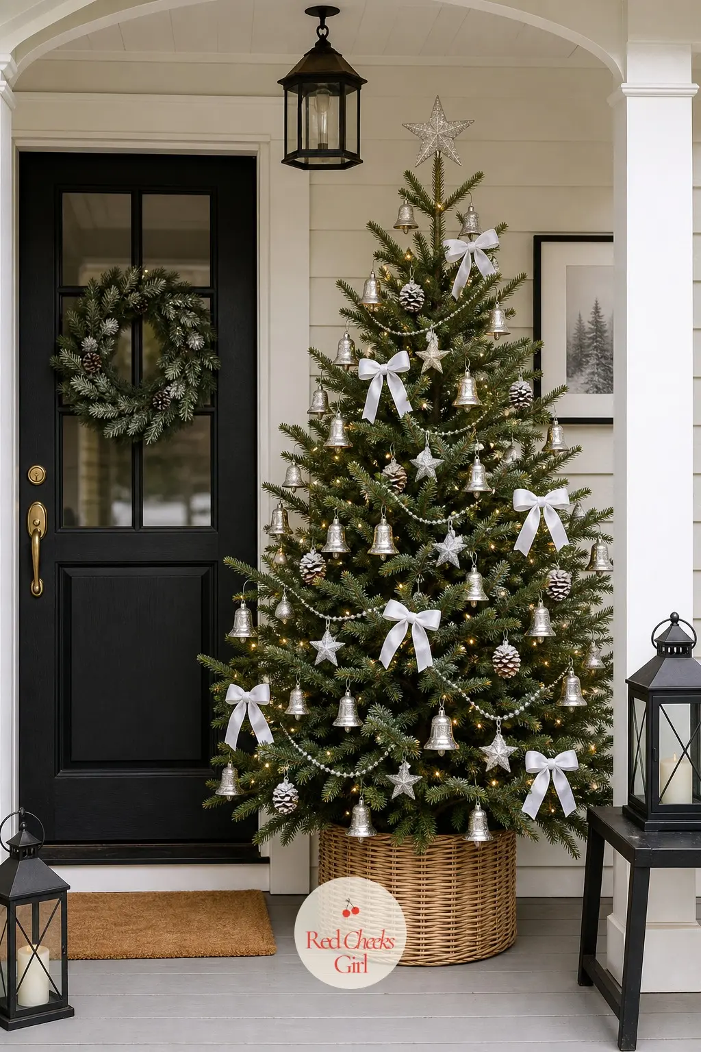 A Potted Porch Tree in Evergreen and Silver — A real potted spruce standing just outside the front door, small enough to carry, dressed in weatherproof ribbon