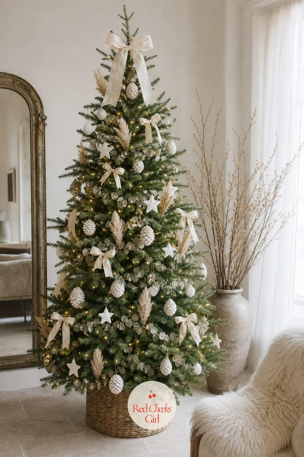 A Quiet Tree in Bone and Taupe — A real slim tree standing beside an antique mirror, dried pampas spilling out of a tall vase nearby, a sheepskin underfoot.