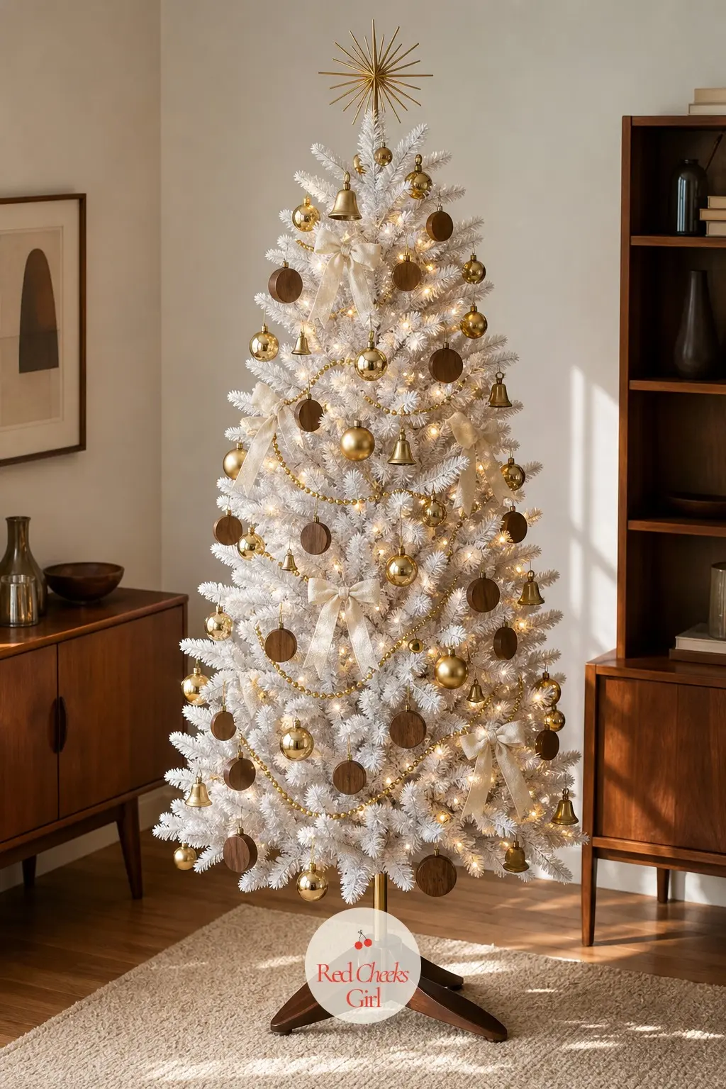 A Sculptural Tree in Brass and Walnut — An artificial sculptural tree, deliberately sparse, standing among teak furniture that it is built to match rather than