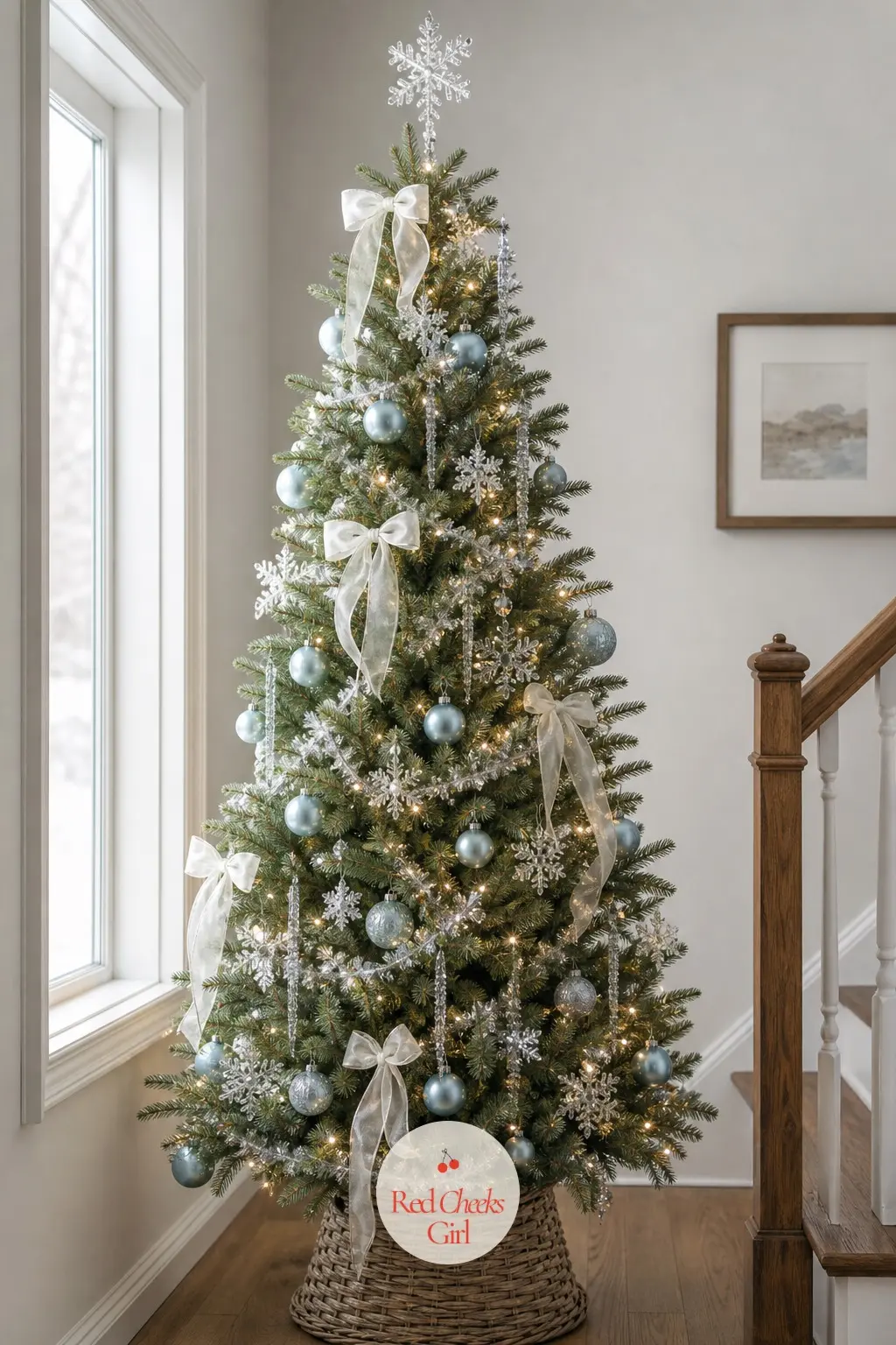 A Slim Landing Tree in Icy Blue and Crystal — A narrow real tree tucked against the wall at the top of the stairs, pale blue glass against crystal snowflakes