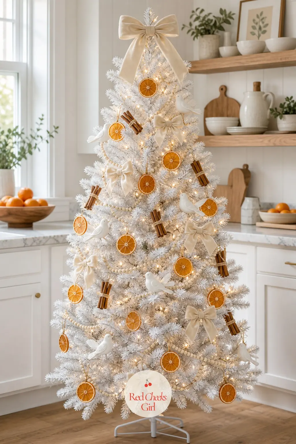 A Tabletop Kitchen Tree in Citrus and Cream — A small artificial tree on a marble counter beside a bowl of citrus, dried orange slices and cinnamon bundles