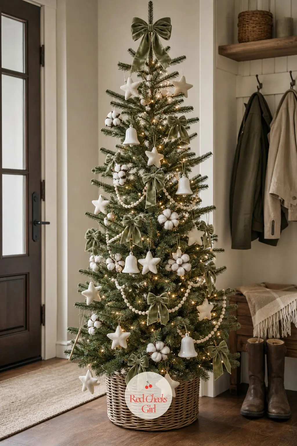 A Welcoming Tree in Wood and Sage — A real slim tree just inside the front door, boots and coats nearby, cream felt stars and sage ribbon doing the work