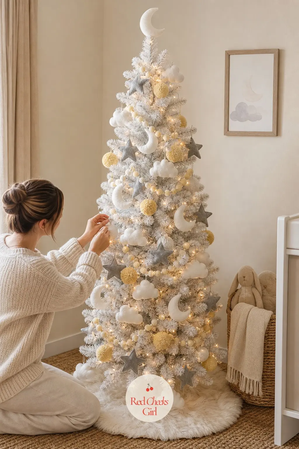 A Woodland Nursery Tree in Pale Yellow and Grey — A small soft artificial tree built entirely from felt and flannel, clouds and moons instead of anything