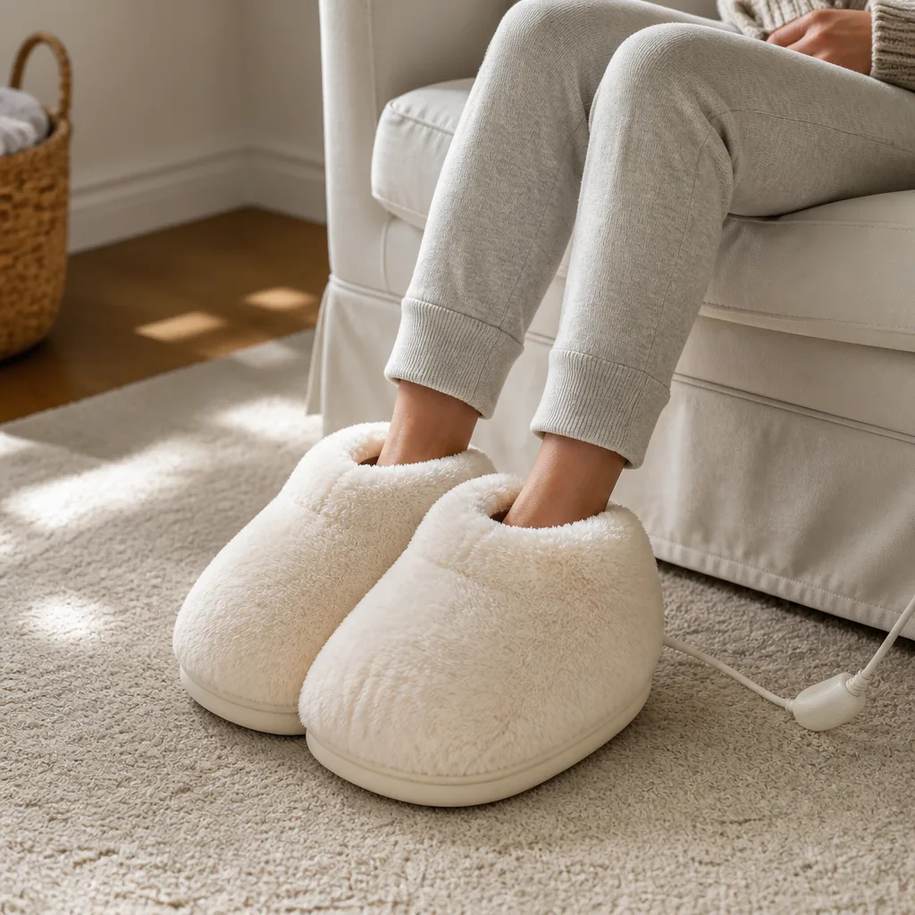 Heated Foot Warmer Slippers — Cold feet on tile floors are a specific, small misery, and this fixes it in about two minutes flat. White elephant gift ideas 50
