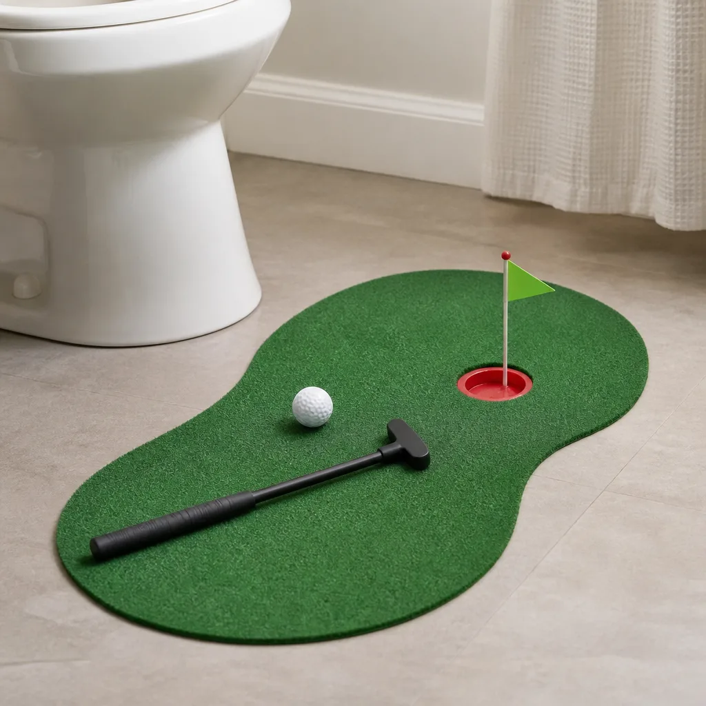Toilet Golf Game — A tiny putting green that sets up right in front of the toilet, built for exactly the joke it sounds like. White elephant gift ideas 50