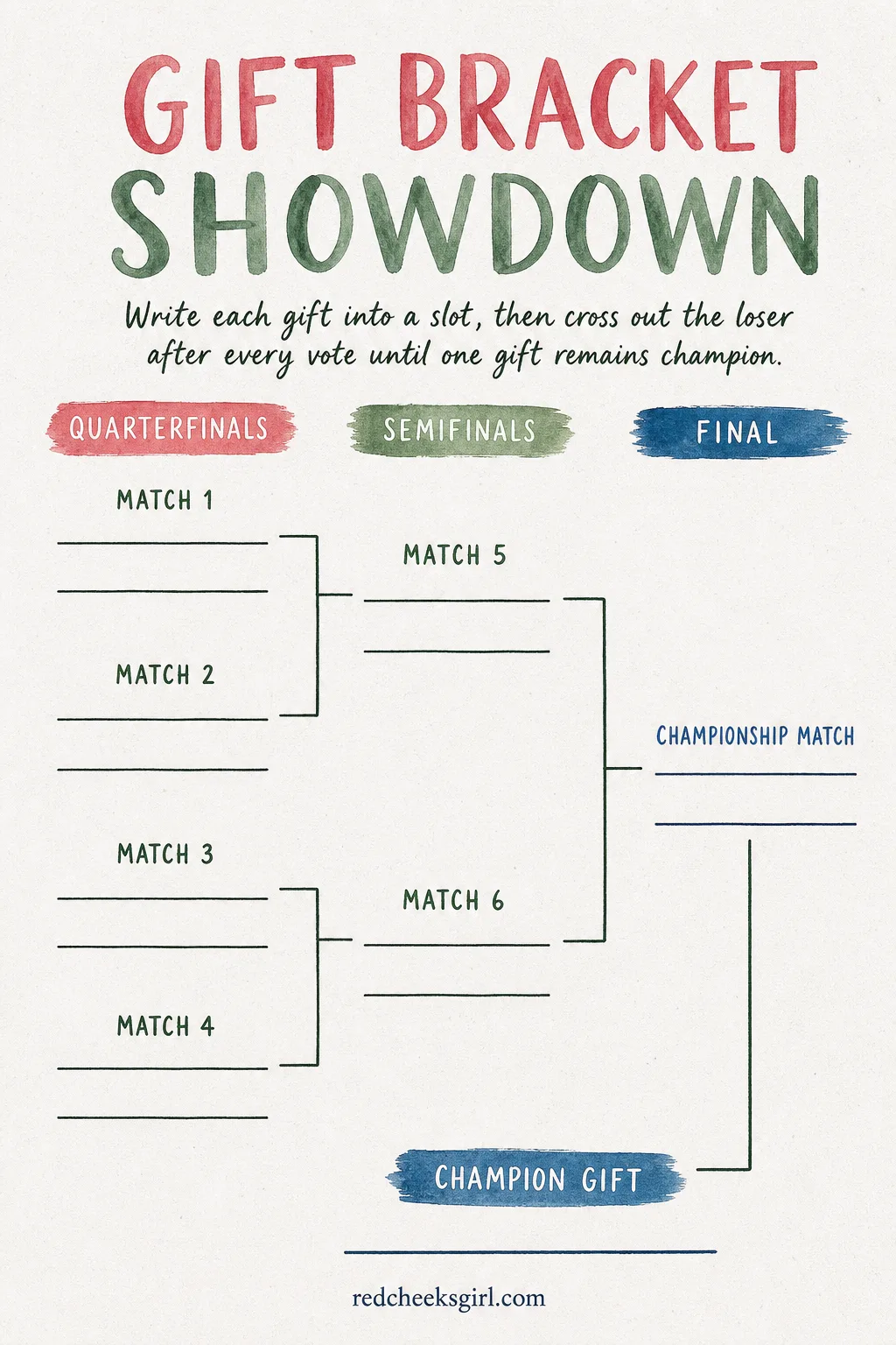 Gift Bracket Showdown printable sheet — Once every gift is unwrapped, the group votes them into a tournament bracket, head to head, until one gift stands alone