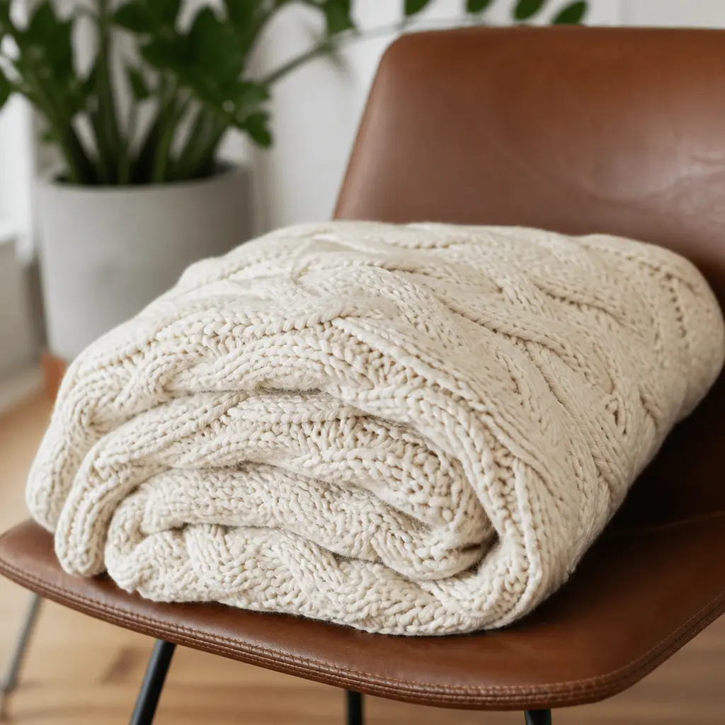 Chunky Cable Knit Throw Blanket — Thick enough to land over cold knees the second the party moves to the sofa, and soft enough that nobody wants to give it