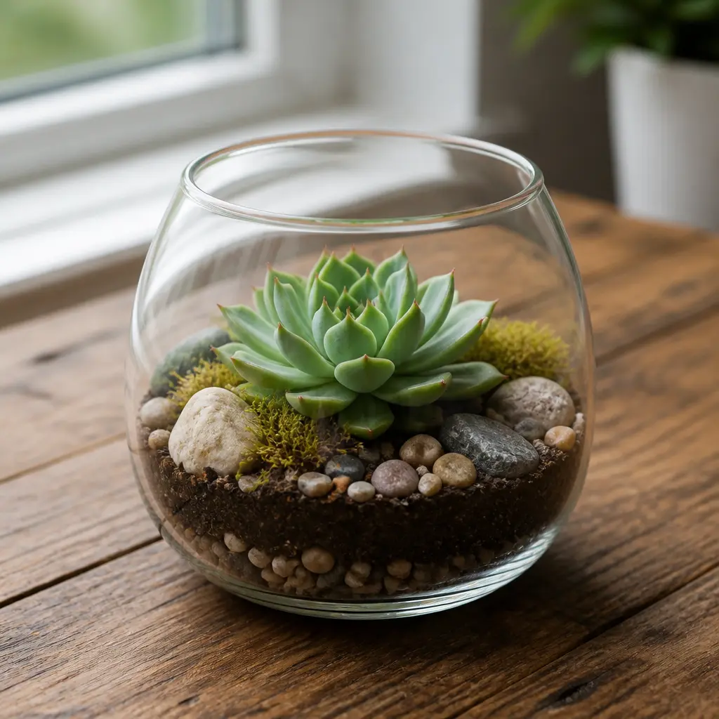 Desktop Succulent Terrarium — Lives on a desk without asking anyone to water it every day, which is the only kind of plant most offices can keep alive. White