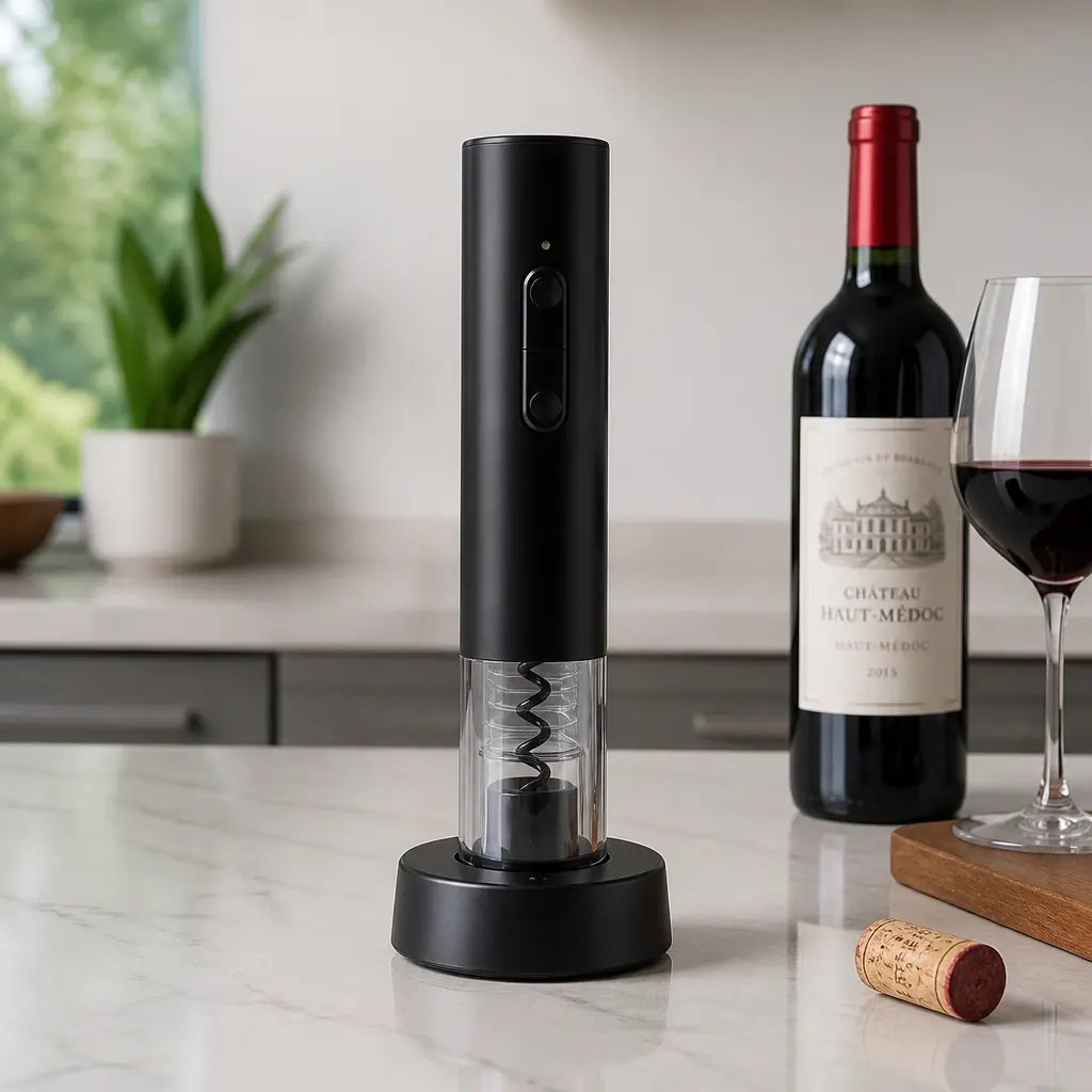 Electric Wine Opener — Pulls a cork in about four seconds flat, which matters more than it sounds like once the room has been drinking for an hour. White