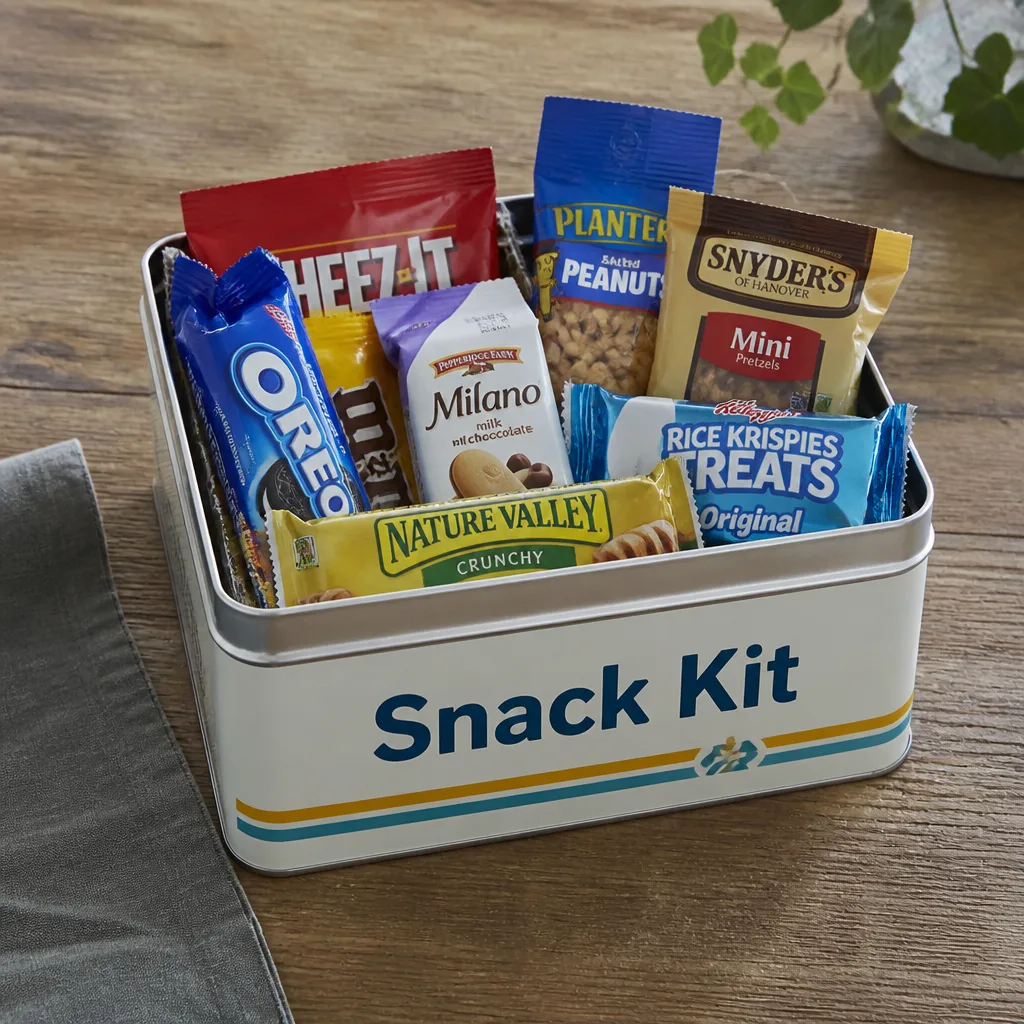Emergency Snack Kit — A tin of assorted snacks labeled like a survival kit, which plays as a joke until someone's hungry at eleven at night and genuinely
