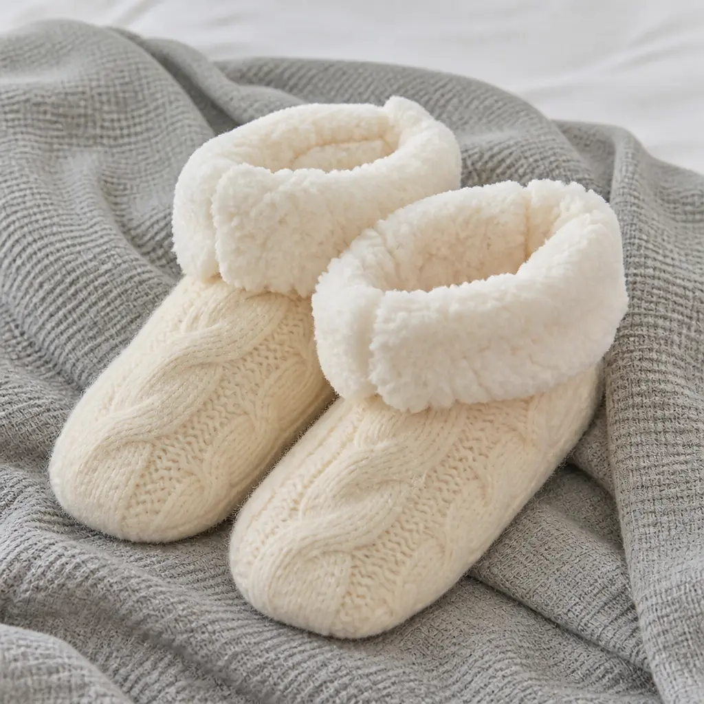 Shearling Slipper Socks — The moment her feet go in, she stops thinking about anything else in the room, cold tile has a way of making that decision for her.